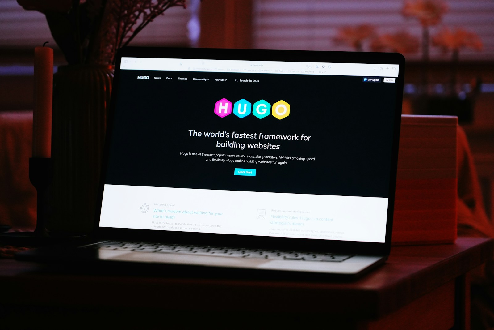 A laptop displaying a fast static-site framework